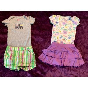 LOT of FOUR 12 months two short-sleeve bodysuits, skort and shorts
